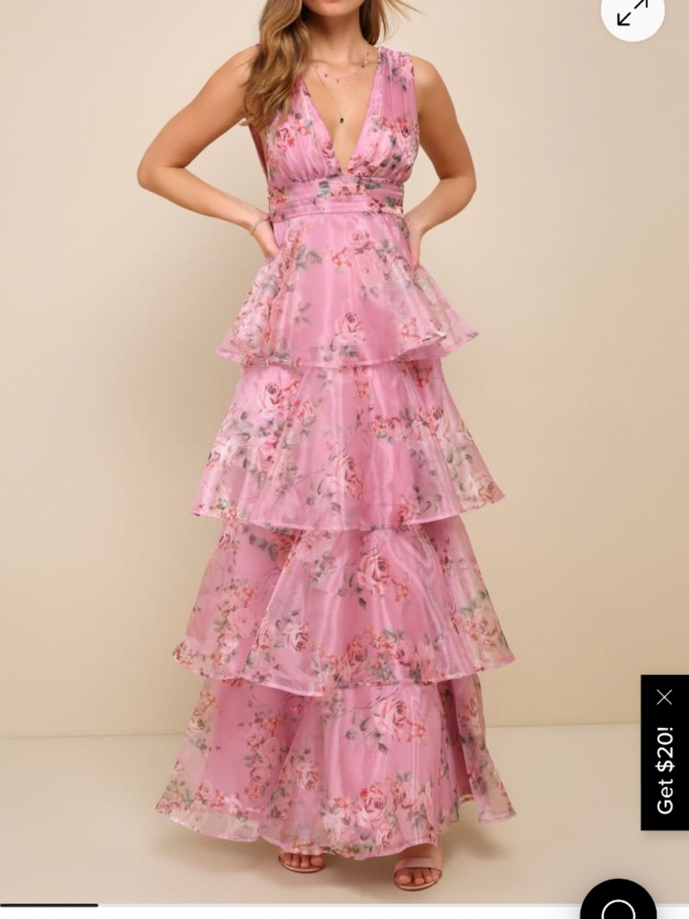 Lulus Garden Radiance Pink Floral Print Organza Tiered Maxi Dress - Size M - Picture 2 of 2